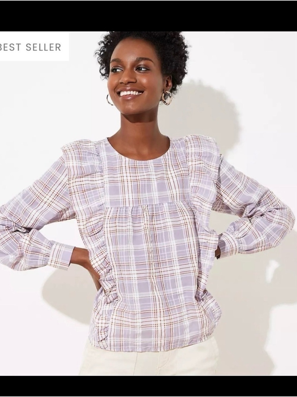 LOFT Lavender Plaid Long-Sleeve Puff-Sleeve Tee
